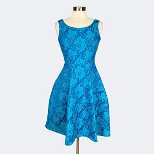 Calvin Klein Womens Sleeveless Fit Flare Dress Teal Blue Lace Overlay size 4
